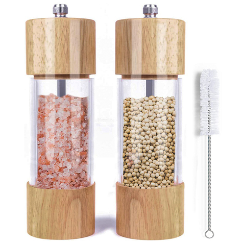 Wooden Salt and Pepper Grinder Set, Manual Salt and Pepper Mills with Acrylic Visible Window and Cleaning Brush, 2 Pack ► Photo 1/1