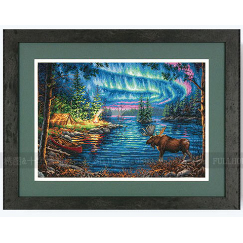 Top Quality Beautiful Counted Cross Stitch Kit Northern Night Aurora Polar Light Deer Lake House Blue Night DIM 35312 ► Photo 1/4