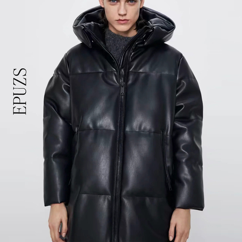 Winter coat Hooded Padded PU parka women Faux leather down jacket female loose zipper overcoat casual warm long coats 2022 ► Photo 1/6