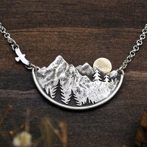 Adventure Awaits Mountain Landscape Necklace Gold Sun Flying Bird and Pine Trees Pendant Necklaces Women Fashion Jewelry ► Photo 1/4