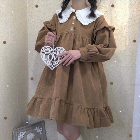 QWEEK Kawaii Lolita Dress Autumn Corduroy Sweet Lolita Style Cute Dress Yummy Brown Patchwork Puff Long Sleeve Tea Party Dress ► Photo 1/6