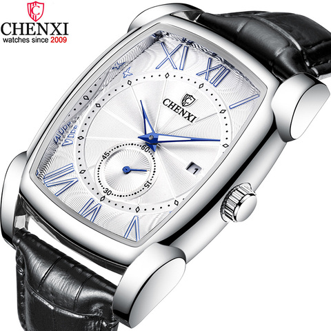 Luxury Retro Men Square Watches CHENXI Silver Waterproof Genuine Leather Men Watches Roman Numerals Stop Watch Calendar Unique ► Photo 1/6