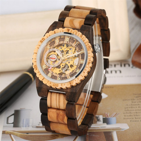 Luxury Men's Watch Automatic Mechanical Wooden Watch Roman Numerals Display Wood Bangle Wristwatch Creative Male Timepiece reloj ► Photo 1/6