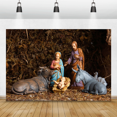 Laeacco Nativity Scene Jesus Birth Bullpen Horse Baby Sculpture Photography Backgrounds Christmas Backdrops Photo Studio Props ► Photo 1/6