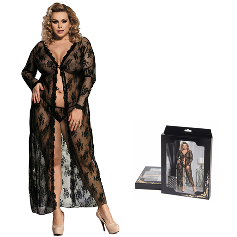 Autumn winter long sleeve sexy nightwear transparent lace long plus size nightgown box packing hot erotic robes lingerie RW80232 ► Photo 1/6