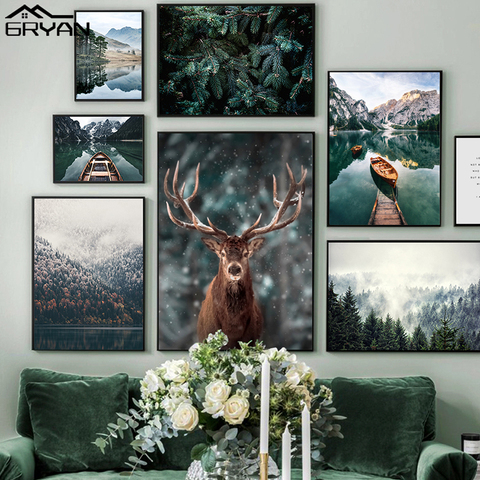 Nordic Snowing Landscape Forest Deer Poster Animal Lake Boat Christmas Leaves Snow Mountain Prints Painting Nature Picture Decor ► Photo 1/6