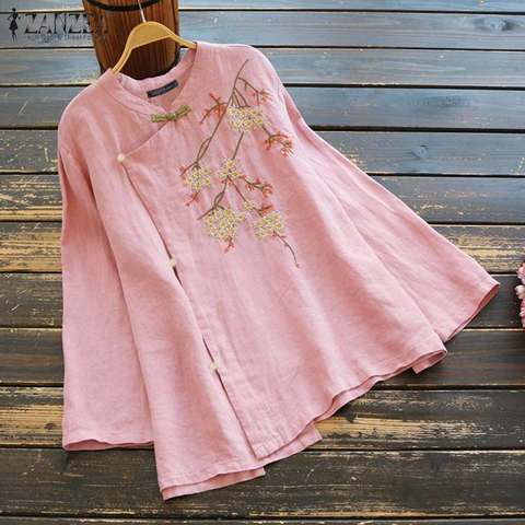 ZANZEA Women Casual Cotton Linen Floral Embroidery Blouse Autumn Long Sleeve Shirts Female Buttons Tunic Tops Blusas Chemise 5XL ► Photo 1/6