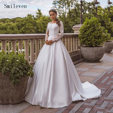 Smileven Satin Princess Wedding DressesLong Sleeve A Line Lace Bride Dress Robe De Mariage Boho Style Custom Made ► Photo 1/6