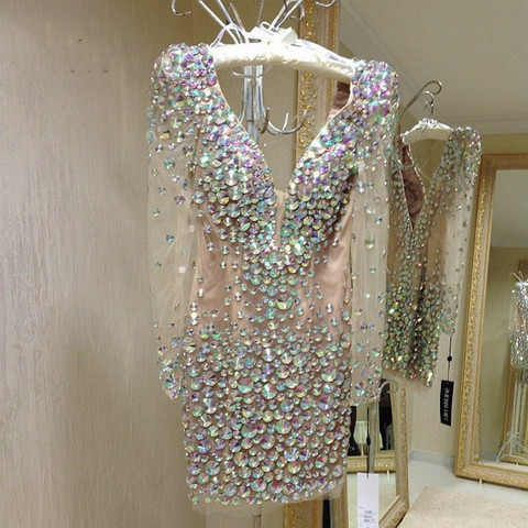 Tulle Short Prom Dresses 2022 Long Sleeves Crystal Bead V Neck Backless Saudi Arabia Dubai Homecoming Cocktail Party Dresses ► Photo 1/4