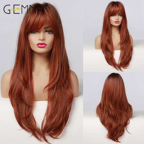 GEMMA Long Straight Ombre Black Orange Wine Red Wig with Bangs Synthetic Hair for Women Heat Resistant Layered Cosplay Daily Wig ► Photo 1/6