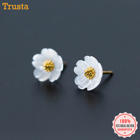 Trustdavis 100% 925 Solid Sterling Silver Women's Jewelry Gold Shell Flower Stud Earrings Gift For School Girls Teens Lady DA219 ► Photo 1/6