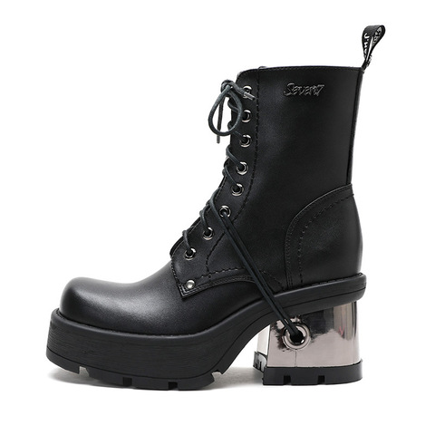 2022 Winter Fashion Women's Boots Lace Up Calf Round Head Women's Martin Boots Black Mid Heel Square Heel Pu Women Shoes ► Photo 1/6