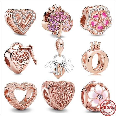 Hot 925 Sterling Silver Charm Bead Pink Rose Heart For Bracelet Mother's Jewelry 
