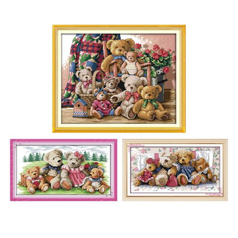 Teddy Bear Family Cartoon Toy Painting Counted Printed On Canvas DMC 11CT 14CT Chinese Cross Stitch kit Embroider Needlework Set ► Photo 1/6