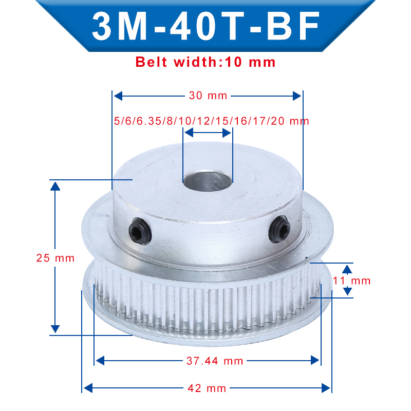 3M 40T Timing Belt Pulley Gear Wheel 5mm Bore For 10mm Width Belt 3D Printer 1Pc 