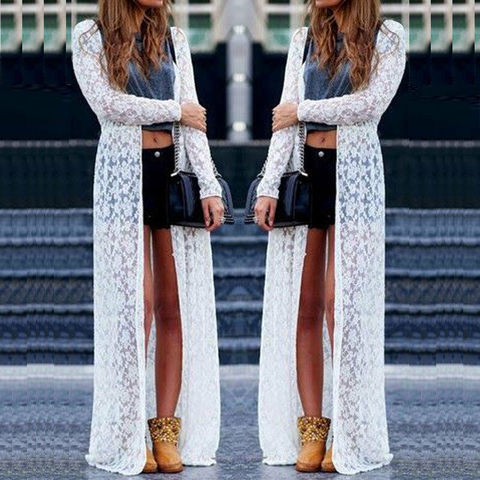 New Fashion Ladies Women Long Sleeve Floral Lace Beach Long Cardigan Casual White Bikini Cover Ups Wrap Beachwear ► Photo 1/3