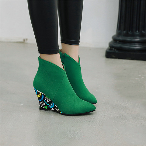 YMECHIC Fashion Suede Wedge Heel Womens Shoes Green Black Orange Purple Print Wedges Winter Ankle Boots Pointed Toe Bootie 2022 ► Photo 1/6
