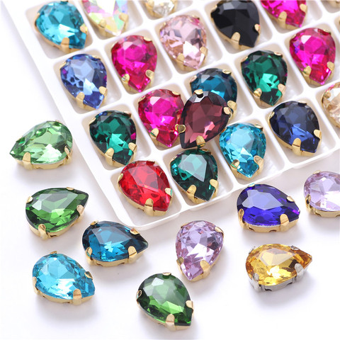 Teardrop Colorful Glass Sew On Rhinestones With Gold Claw