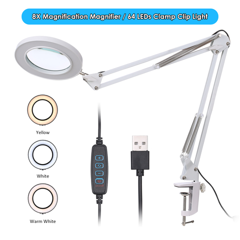 Magnifying Glass with LED Light 8X Magnification 3 Colors Clamp Clip Reading Light Table Desk Lamp Illuminated Magnifier Lamp ► Photo 1/6