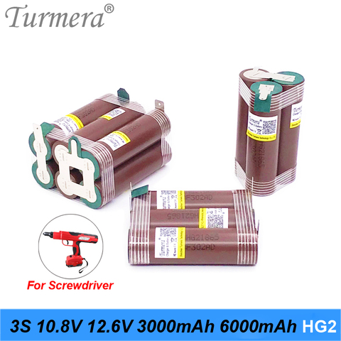 Turmera 3S 10.8V 12.6V 18650 HG2 3000mAh 6000mAh Lithium Battery 30A Soldering Strip for Screwdriver Battery Shurika   Customize ► Photo 1/6