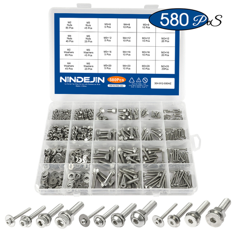 NINDEJIN 580pcs/set hex socket cap head screw nut set stainless steel m2 m3 m4 m5 hexagon flat round cap head screw assorted kit ► Photo 1/6