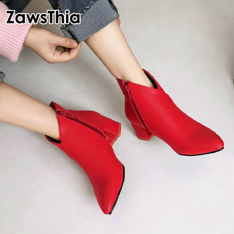 ZawsThia 2022 winter V cut design cheap fashion red blue woman boots pointed toe chunky high heels women ankle boots size 34-44 ► Photo 1/6