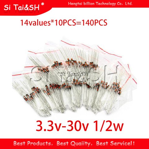 14values*10PCS=140PCS 0.5W regulator 3.3v-30v 1/2w Zener Diode component Assorted kit package new and original ► Photo 1/2