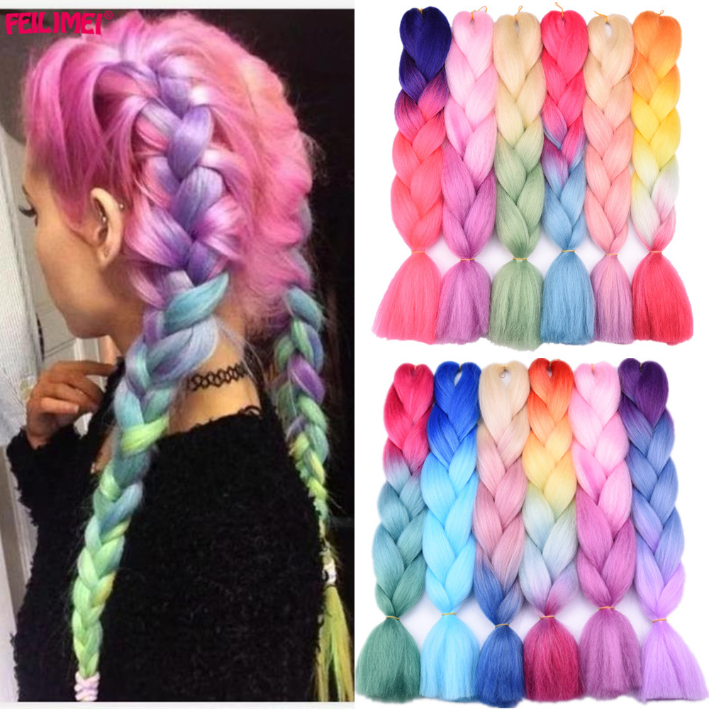 Buy Online Feilimei Ombre Braiding Hair Extensions Synthetic Heat Resistant Jumbo Braids 100g Pc 24inch Green Gray Purple Blue Black Hair Alitools