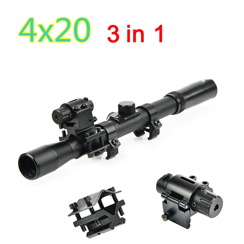 22 Caliber 4x20 Rifle Optics Scope+Red Dot Laser Sight+20mm Rail Mounts Hunting 