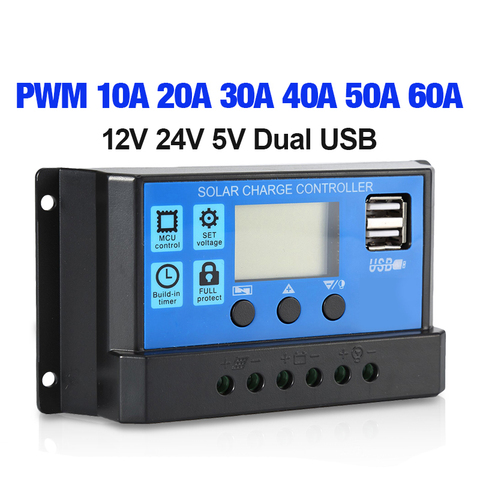 60A/50A/40A/30A/20A/10A 12V 24V Auto Solar Charge Controller PWM Controllers LCD Dual USB 5V Output Solar Panel PV Regulator ► Photo 1/6