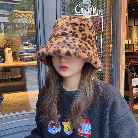 Autumn Winter Panama Hat for Women Faux Fur Bucket Hats Cow Print Plush Velvet Warm Panama Hat Fisherman Hats Vacation Cap ► Photo 1/6