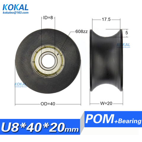 [U0840-20]Free Shipping 4pcs 608zz coated pa66 nylon 1.57inches bearing roller wheel 8*40*20mm U type groove pulley ► Photo 1/2