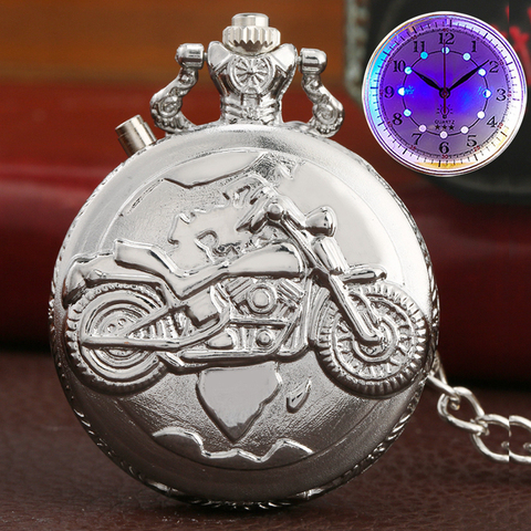 Silver Motorcycle Luminous LED Flash Motorbike MOTO Design Fashion Quartz Pocket Watch Carved Chain Clock Fob Gift for Men Women ► Photo 1/6