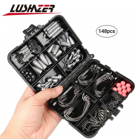 148pcs/lot LUSHAZER Fishing Tackle Box with Fishing Hooks Swivels Weights Jig Heads Sinker Fishing Accessories Set Freshwater ► Photo 1/6