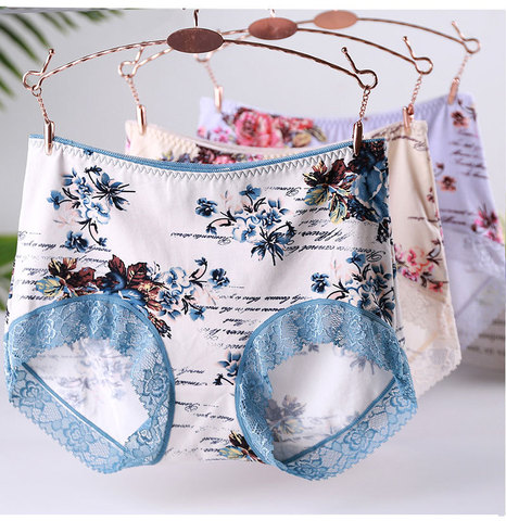 3Pcs/lot No trace Chinese Ink flower print Cotton Sexy Lingeries Underwears Women Panties Lace Plus Size 5XL  Women's Briefs ► Photo 1/6