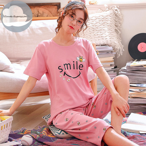Summer Knitted Cotton Cartoon Pajamas Sets Women Pyjamas Sleepwear Nightwear Pijama Mujer Plus Size Calf-Length Pants Homewear ► Photo 1/6