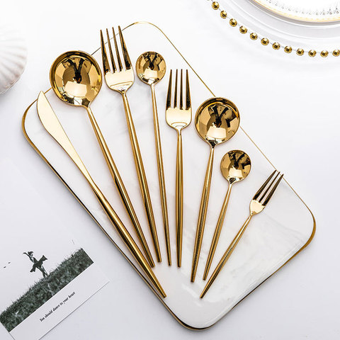 Mirror Gold Forks Spoons Knives Tableware Steel Cutlery Set Stainless Steel Silverware Set Gold Chopstick Spoon Knife Fork Sets ► Photo 1/6