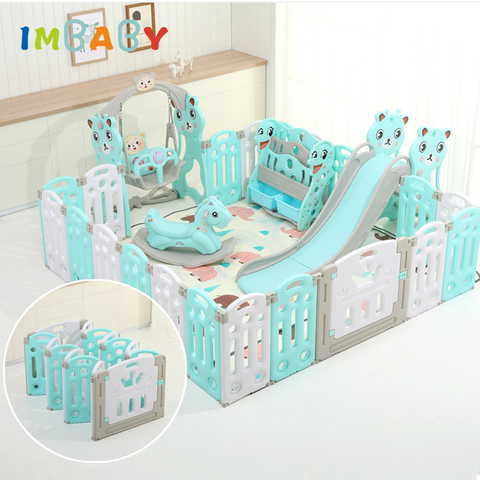 IMBABY Babys Playpen With Trojan Slide Swings Free Mats Baby Safety Barrier Dry Ball Pool Children Kids Fence Indoor Game Center ► Photo 1/6