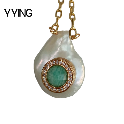 Y·YING natural Cultured White Coin freshwater Pearl Cz Pave Green Amazonite Charm gold color plated Chain Necklace 17