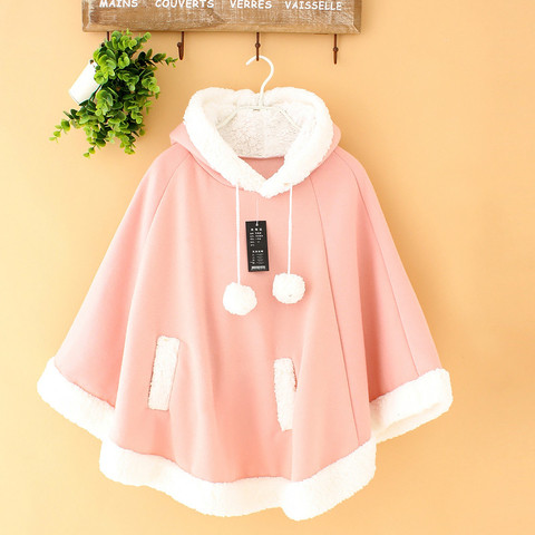 Sweet Girl Pink Cloak Cute Thick Plus Cashmere Coat Japanese Lolita Sweet Kawaii Femme Warm Hooded Pullover One Size 10 Colors ► Photo 1/6