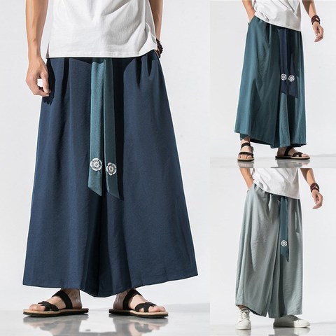 Japanese Traditional Samurai Style Kimono Loose Casual Wide Leg Pants for Men Fashion Streetwear Linen Male Solid Trouser Pants ► Photo 1/6