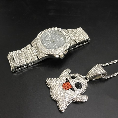 3PCS Hip hop Luxury Watches Jewelry Set Mens Women Iced Out Watch Necklace  Bracelet Bling Diamond