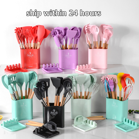 Silicone Cooking Utensils Set Non-Stick Spatula Shovel Wooden Handle Cooking Tools Set With Storage Box Kitchen Tool Accessories ► Photo 1/6