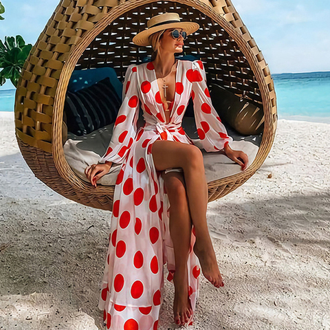 Beach Dress 2022 Bikini Cover Up Print Bathing Suit Women Kimono Plus Size Tunic Sexy Long Sleeve Swimwear Cover-Ups ► Photo 1/6