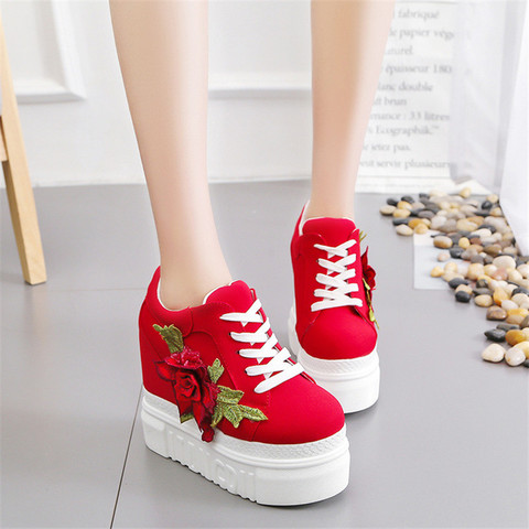 Embroidered Flowers Canvas Sneakers Women High Wedge Sneaker Fashion White/black/red Platform Sneakers Woman Casual Shoes 2022 ► Photo 1/6