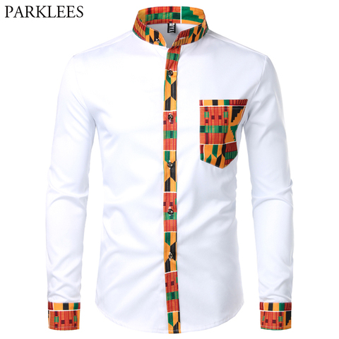 Dashiki African Mens Shirt Patchwork Pocket Africaine Print Shirt Men Ankara Style Long Sleeve Design Collar Mens Dress Shirts ► Photo 1/6