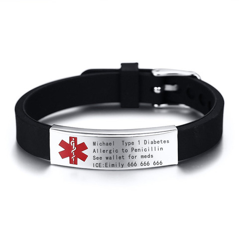 Free Engraving Medical Alert ID Bracelet DIABETES BLOOD ALLERGY ALZHEIMER'S ► Photo 1/6
