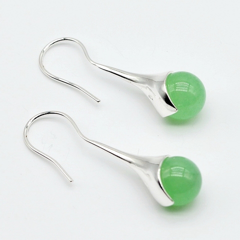 Ladies silver earrings, green jade round beads, 925 sterling silver, jade earrings, long earrings ► Photo 1/6