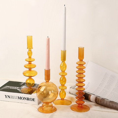 Nordic Retro Orange Glass Candleholder Creative Home Decor Wedding Party Dinner Candlelight Decoration Living Room ► Photo 1/5