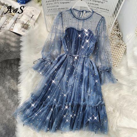 Spring Autumn New Female Sexy Dress Vestidos Star Sequined MeshShiny Fairy Dress Women Elegant Bling Gauze Princess Puff Dresses ► Photo 1/6